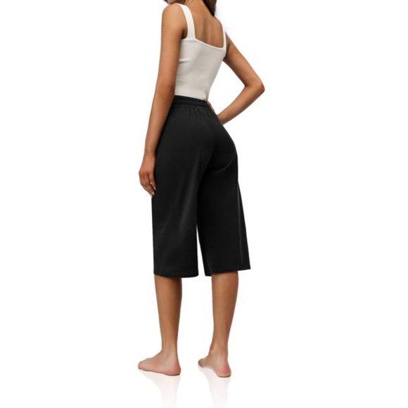 Women's Drawstring Loose Causal Lounge Pants Capri Yoga Pants Wide Leg - Picture 4 of 7